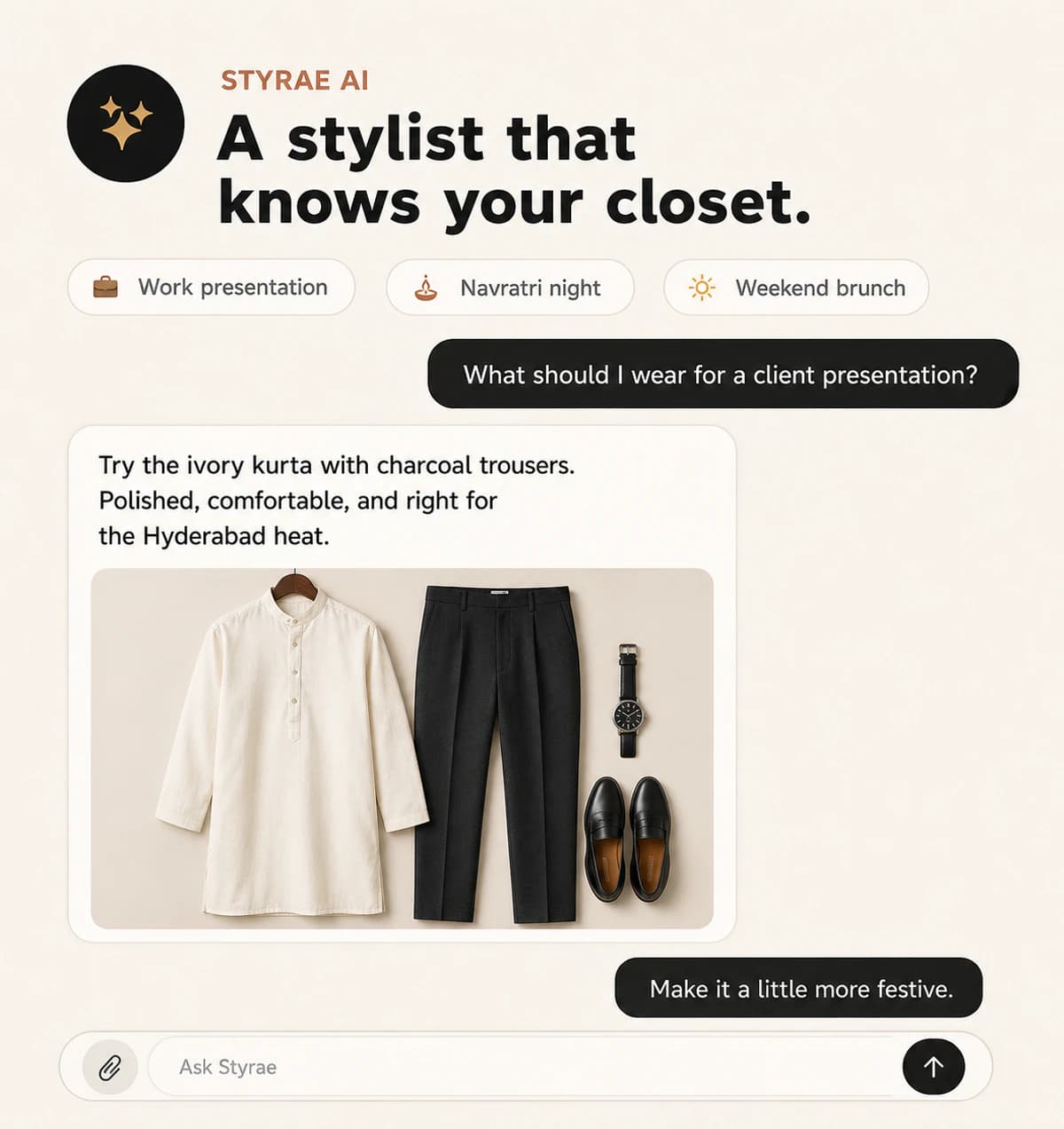 Styraé AI suggesting an outfit from a saved wardrobe